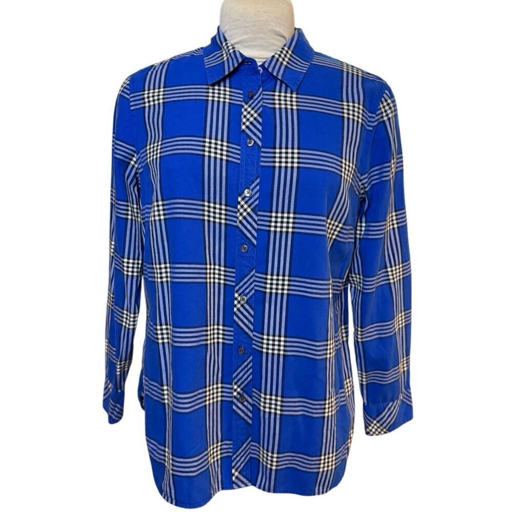 Talbots Classic Cotton Shirt Sz. L Blue/Black Plaid Weekend Packable Comfortable